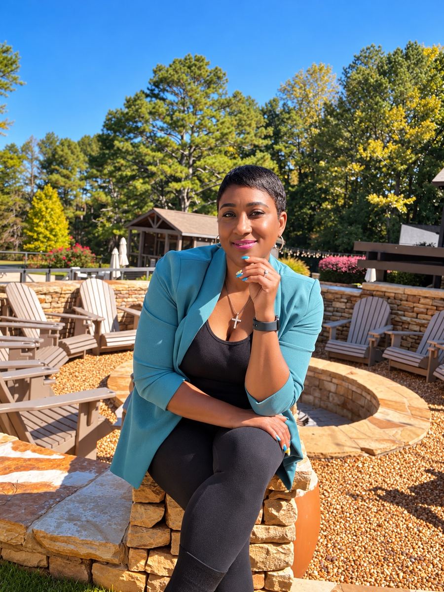 Karyn “KG” Gordon seated outdoors in a teal blazer